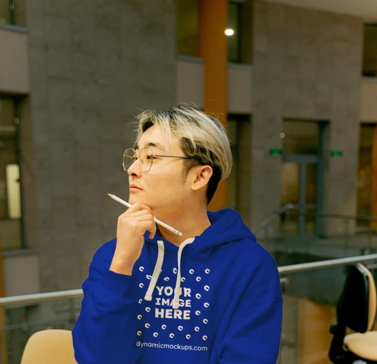 Man Wearing Dark Blue Hoodie Mockup Front View Template