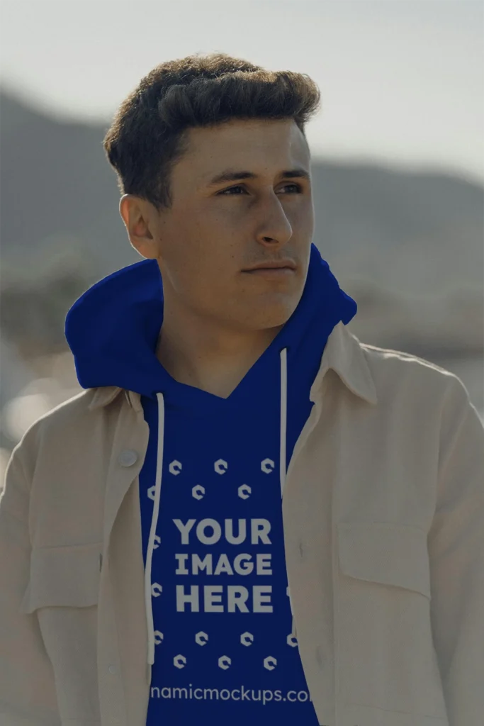 Man Wearing Dark Blue Hoodie Mockup Front View Template