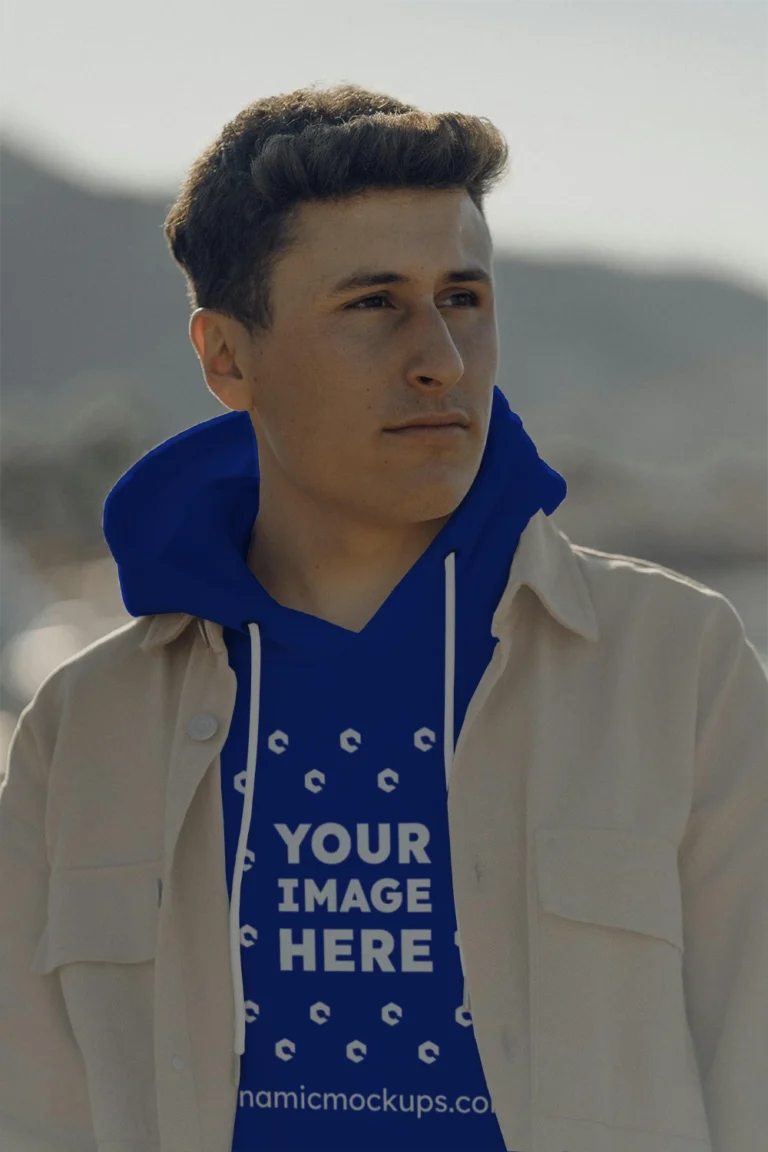 Man Wearing Dark Blue Hoodie Mockup Front View Template