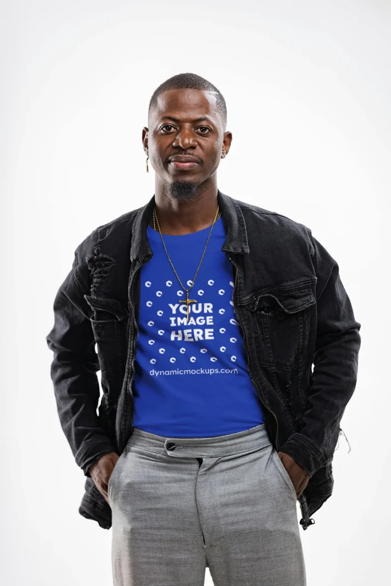 Man Wearing Dark Blue T-shirt Mockup Front View Template
