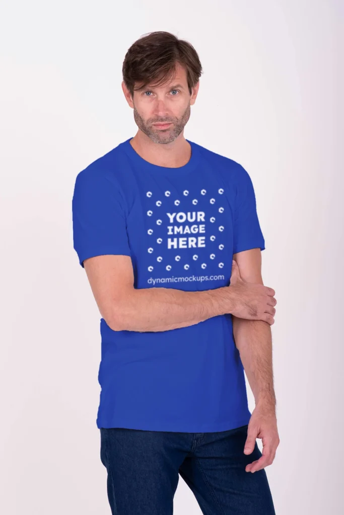 Man Wearing Dark Blue T-shirt Mockup Front View Template