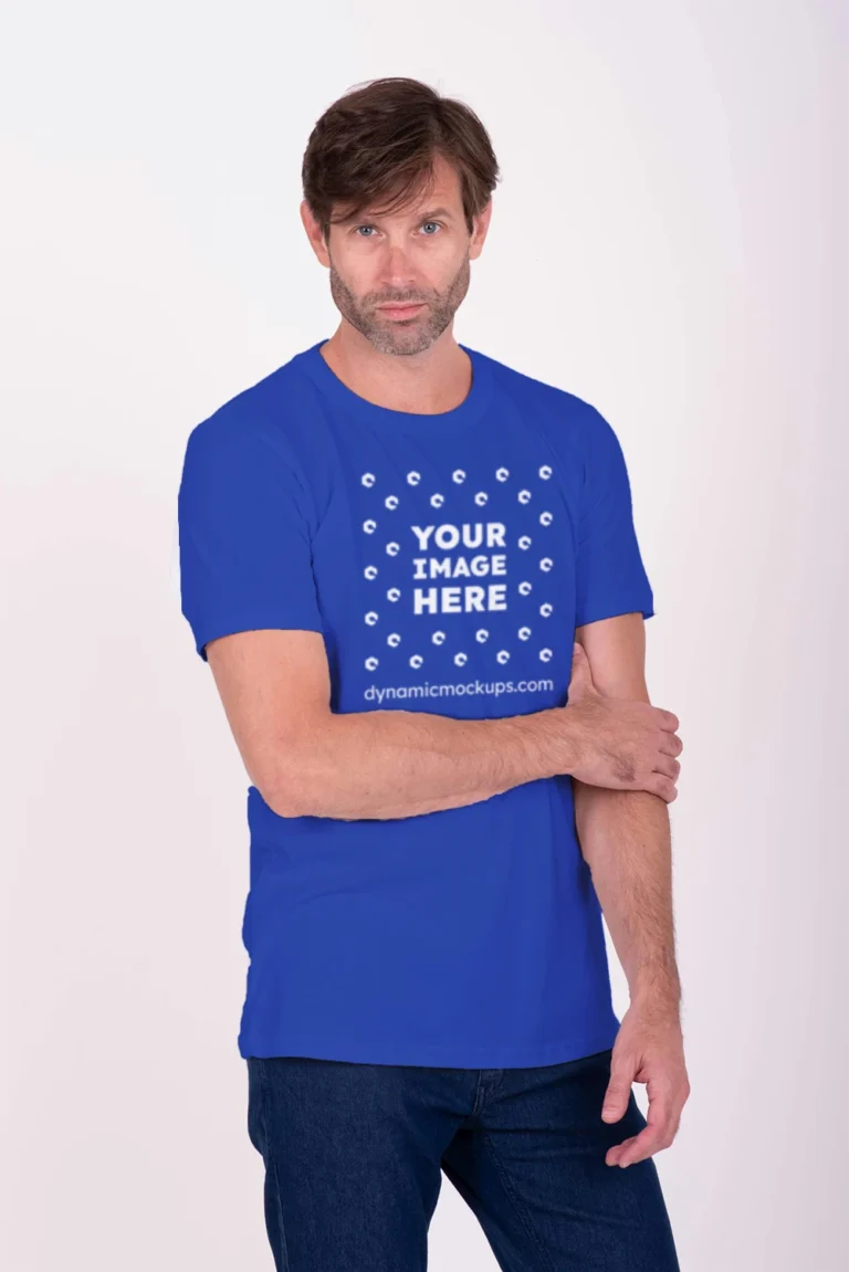 Man Wearing Dark Blue T-shirt Mockup Front View Template