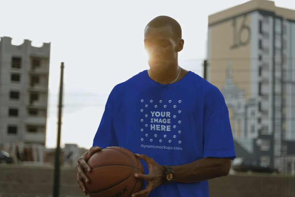Man Wearing Dark Blue T-shirt Mockup Front View Template