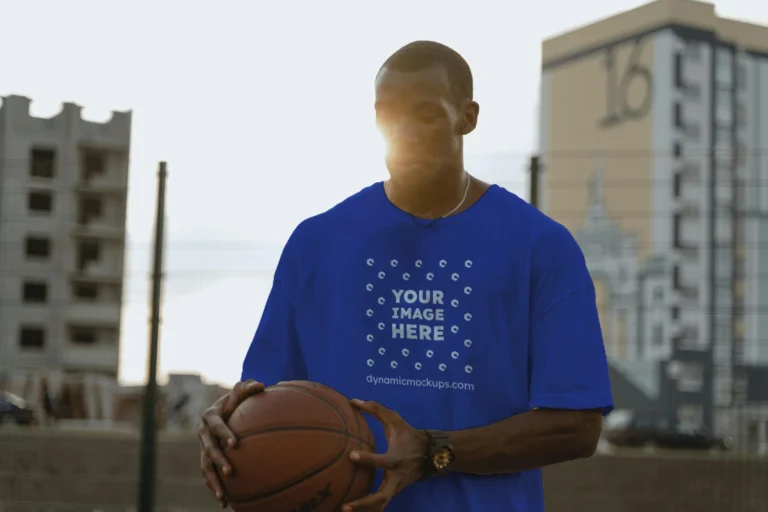Man Wearing Dark Blue T-shirt Mockup Front View Template