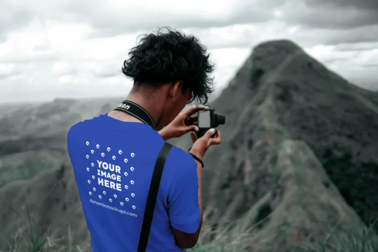 Man Wearing Dark Blue T-shirt Mockup Back View Template