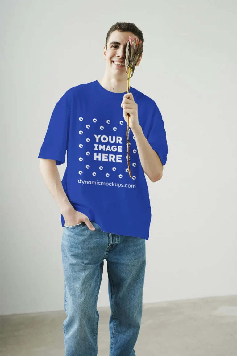 Man Wearing Dark Blue T-shirt Mockup Front View Template