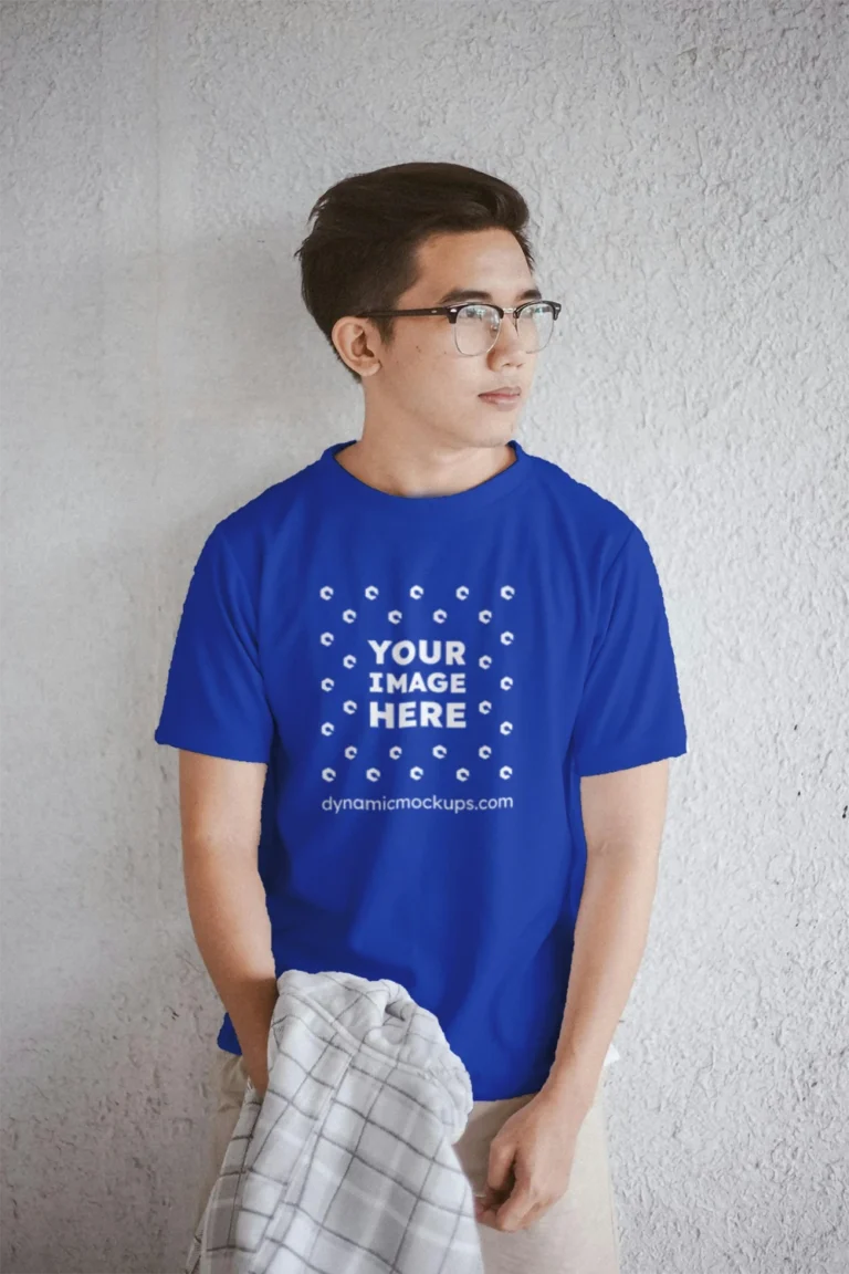 Man Wearing Dark Blue T-shirt Mockup Front View Template