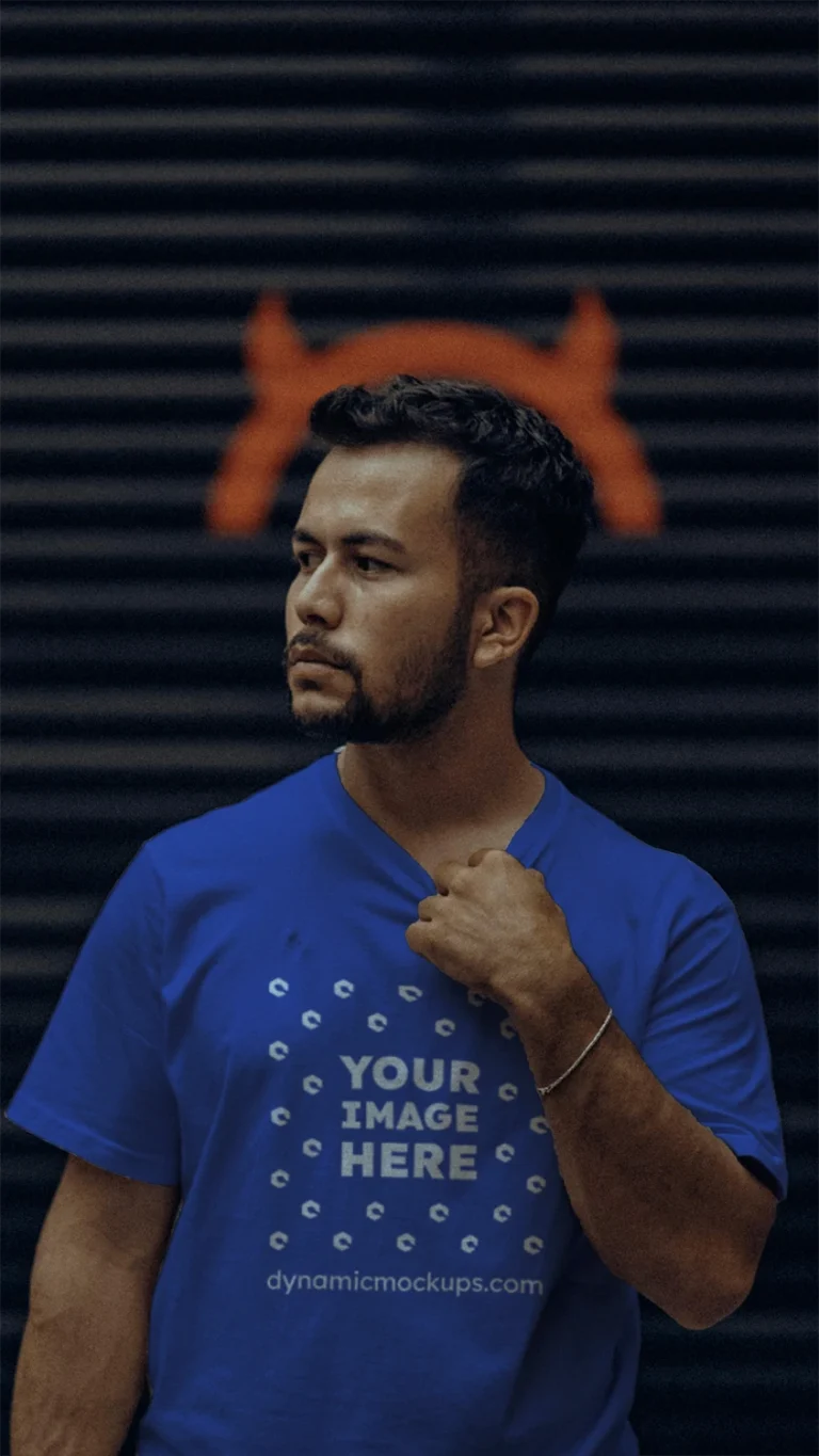 Man Wearing Dark Blue T-shirt Mockup Front View Template