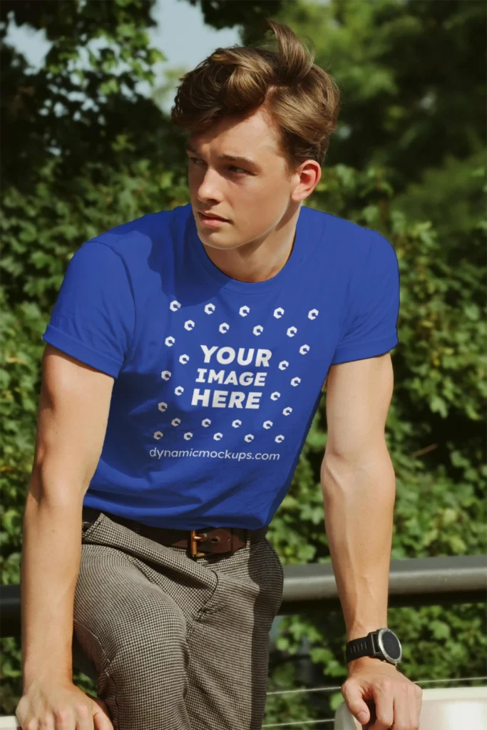 Man Wearing Dark Blue T-shirt Mockup Front View Template