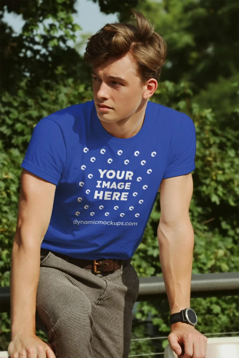 Man Wearing Dark Blue T-shirt Mockup Front View Template