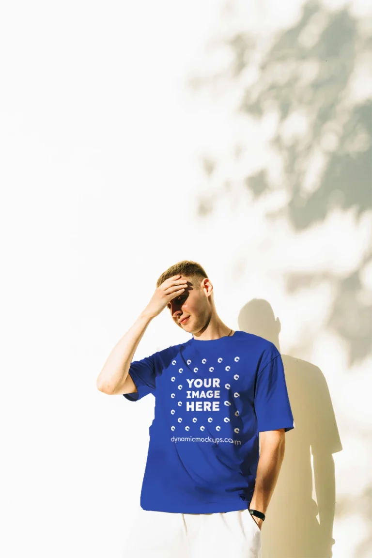 Man Wearing Dark Blue T-shirt Mockup Front View Template