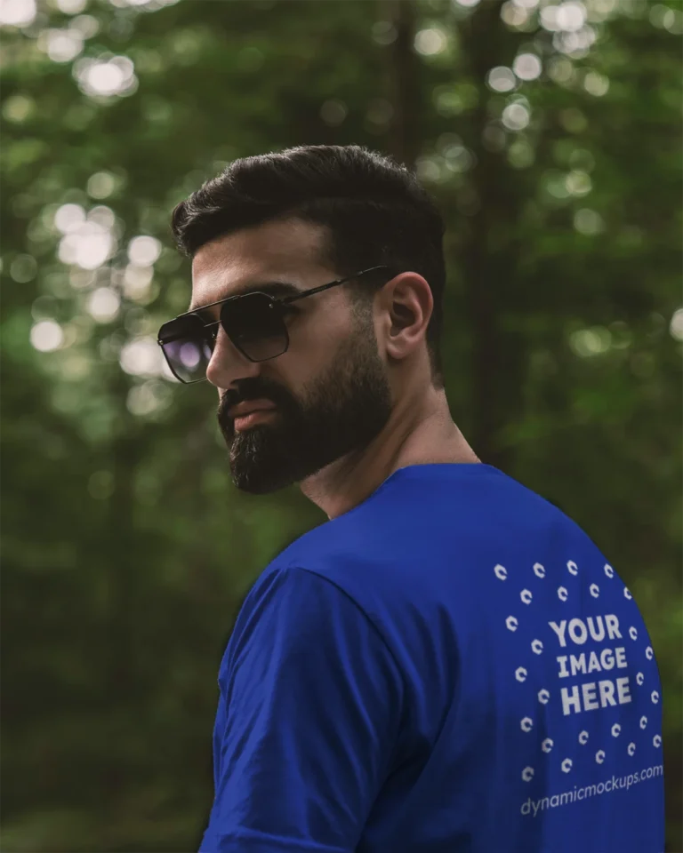 Man Wearing Dark Blue T-shirt Mockup Back View Template