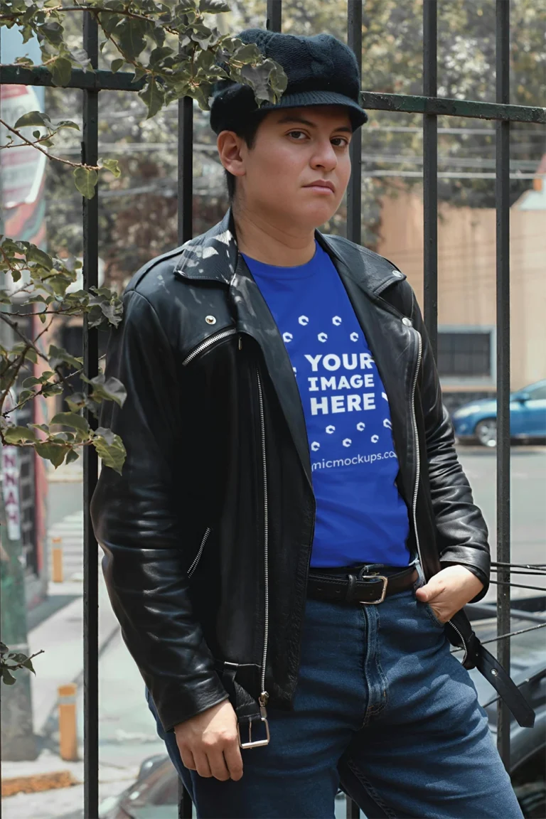 Man Wearing Dark Blue T-shirt Mockup Front View Template