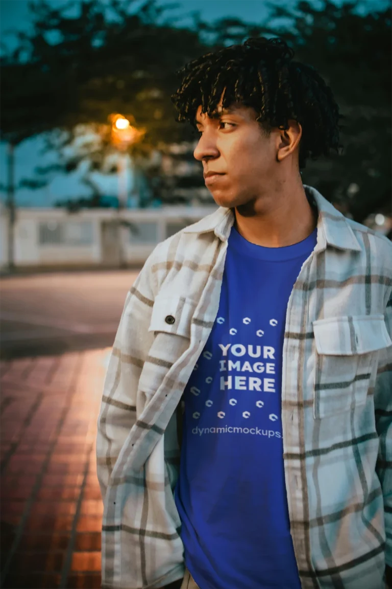 Man Wearing Dark Blue T-shirt Mockup Front View Template