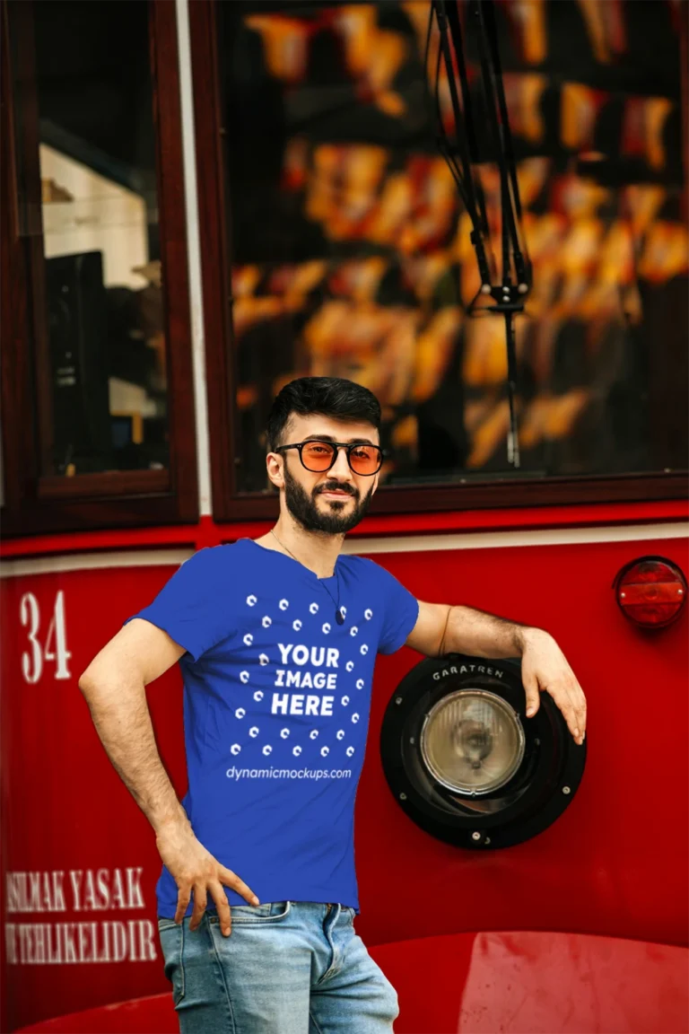 Man Wearing Dark Blue T-shirt Mockup Front View Template