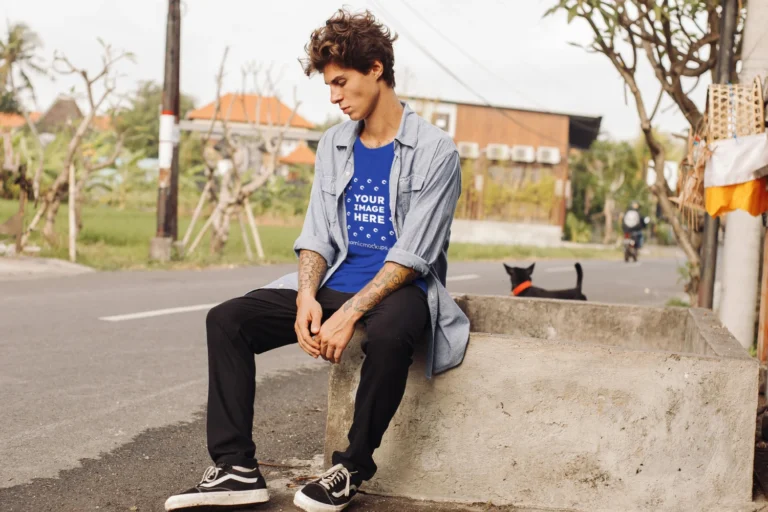 Man Wearing Dark Blue T-shirt Mockup Front View Template
