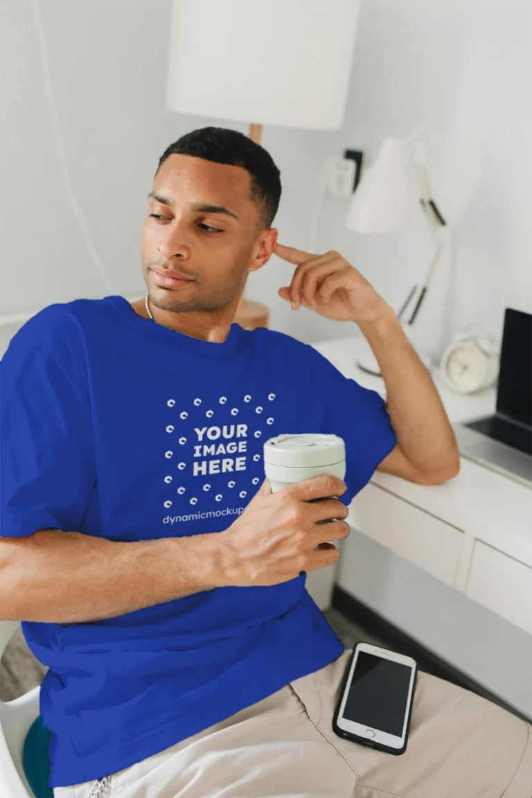 Man Wearing Dark Blue T-shirt Mockup Front View Template
