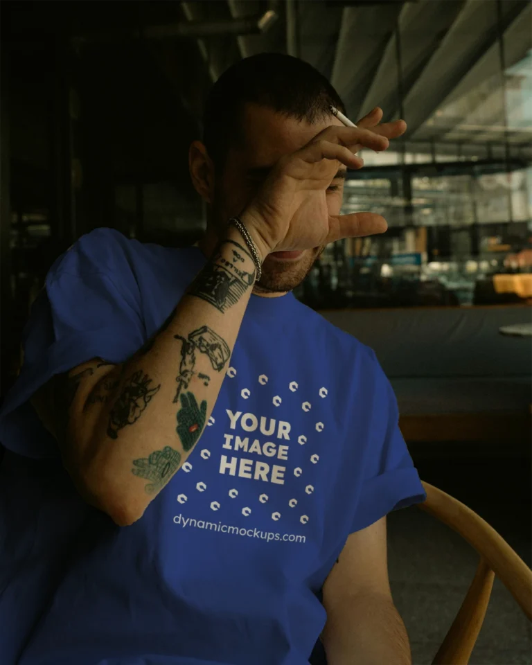 Man Wearing Dark Blue T-shirt Mockup Front View Template
