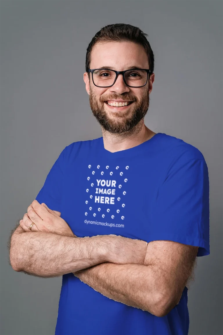 Man Wearing Dark Blue T-shirt Mockup Front View Template