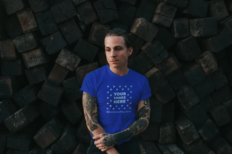 Man Wearing Dark Blue T-shirt Mockup Front View Template