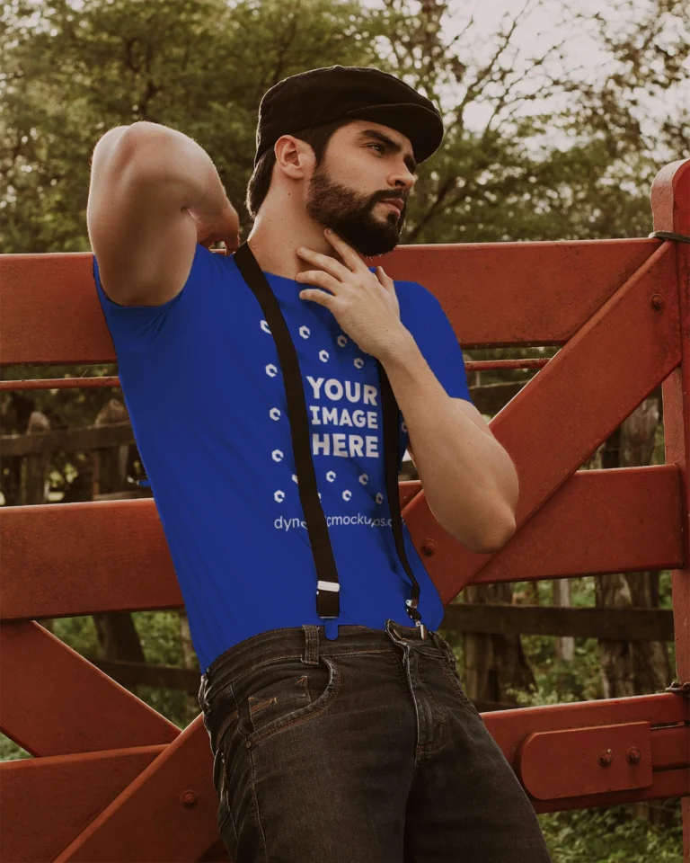 Man Wearing Dark Blue T-shirt Mockup Front View Template