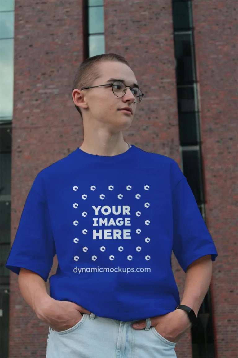 Man Wearing Dark Blue T-shirt Mockup Front View Template