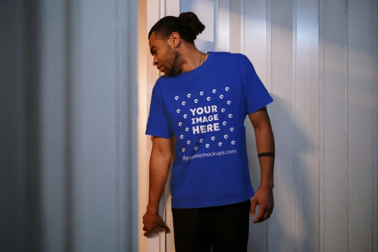 Man Wearing Dark Blue T-shirt Mockup Front View Template