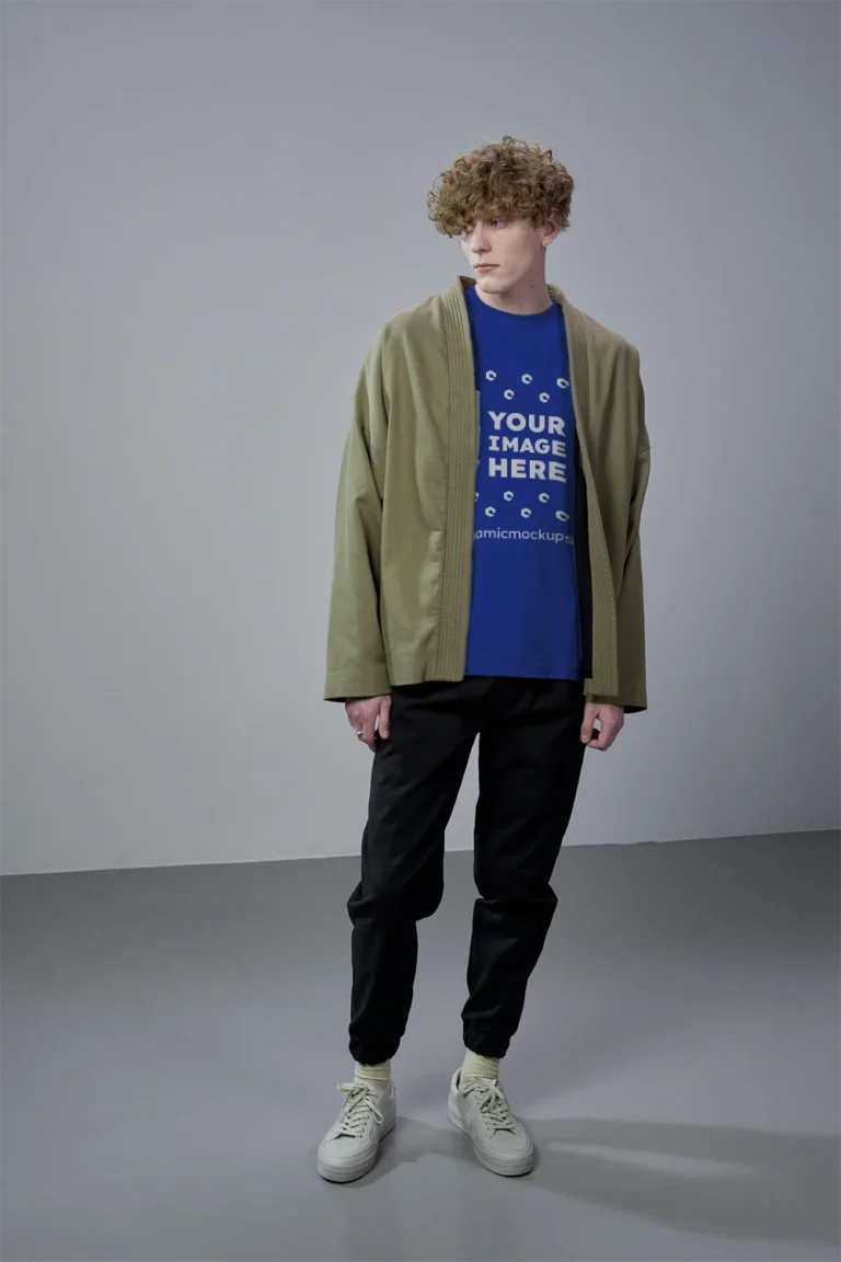 Man Wearing Dark Blue T-shirt Mockup Front View Template