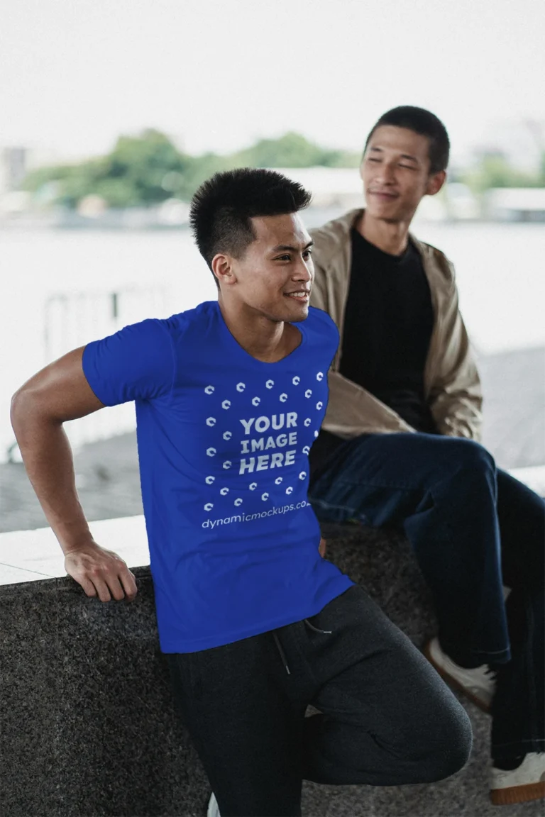 Man Wearing Dark Blue T-shirt Mockup Front View Template