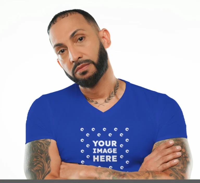 Man Wearing Dark Blue T-shirt Mockup Front View Template