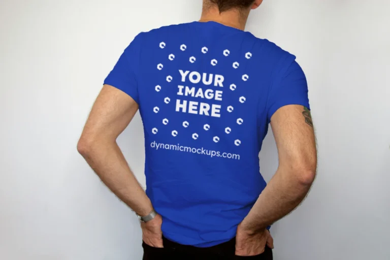 Man Wearing Dark Blue T-shirt Mockup Back View Template