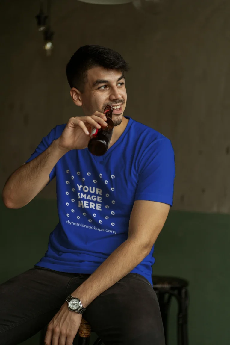 Man Wearing Dark Blue T-shirt Mockup Front View Template