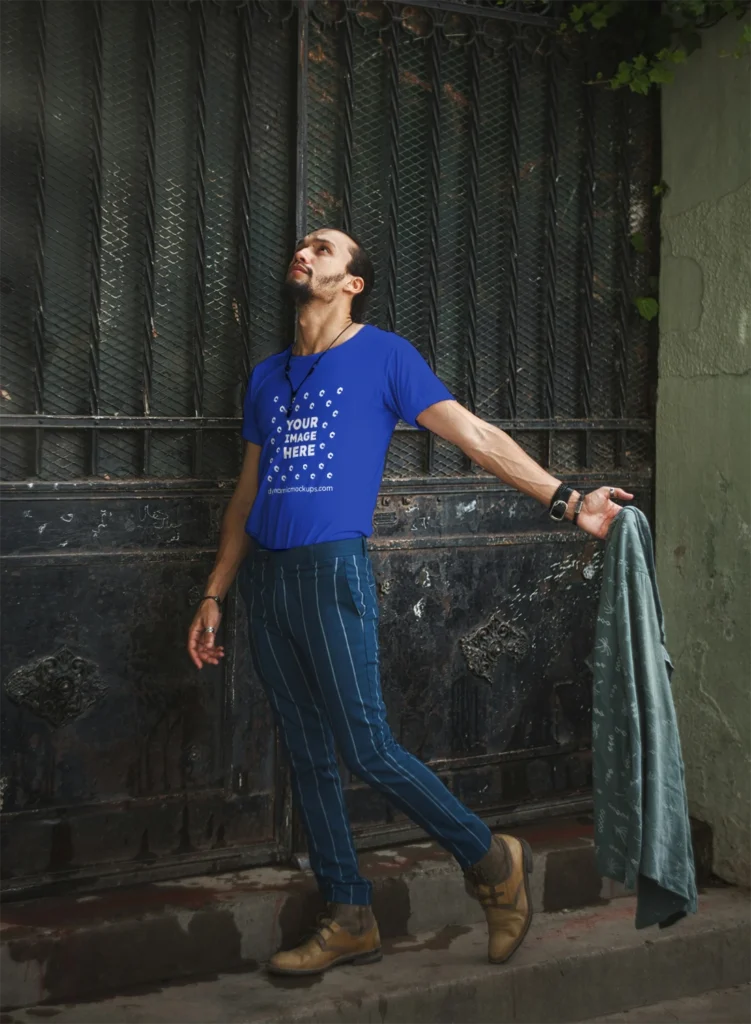 Man Wearing Dark Blue T-shirt Mockup Front View Template
