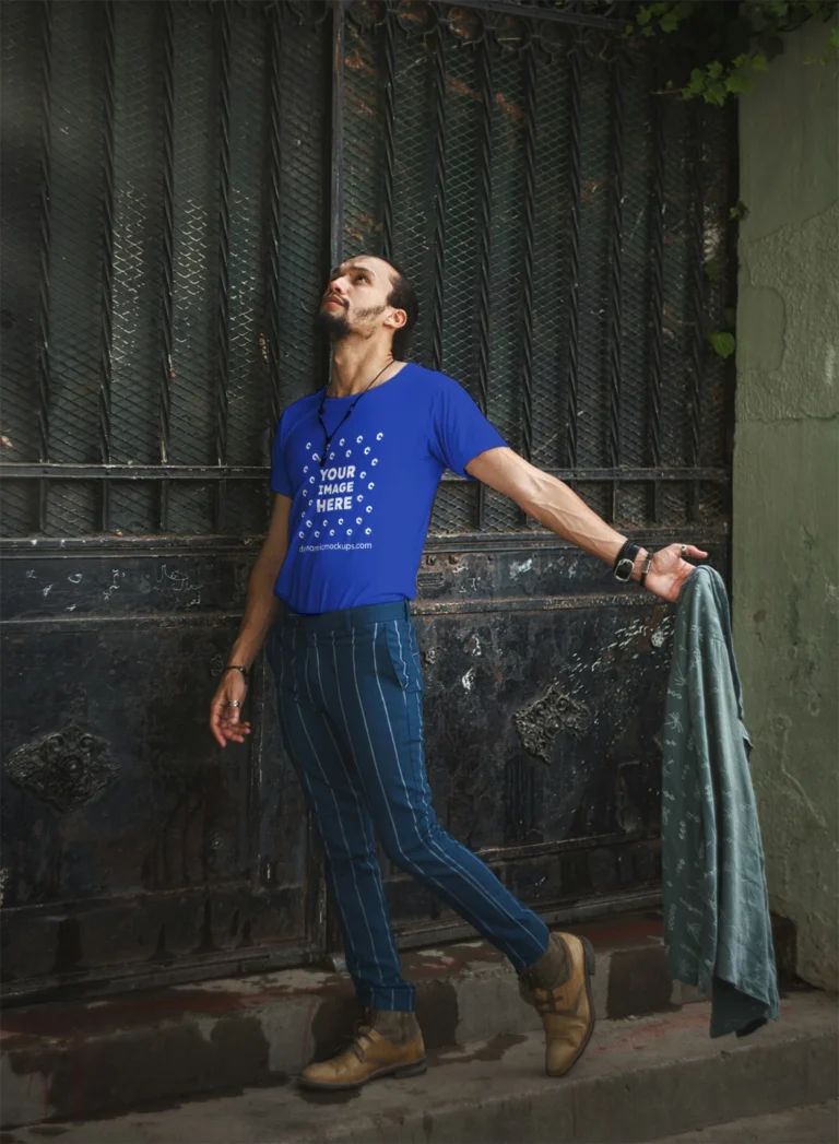 Man Wearing Dark Blue T-shirt Mockup Front View Template