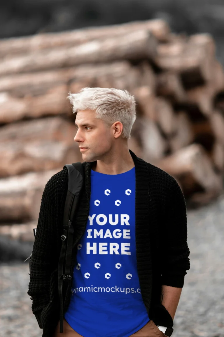 Man Wearing Dark Blue T-shirt Mockup Front View Template