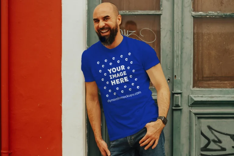 Man Wearing Dark Blue T-shirt Mockup Front View Template