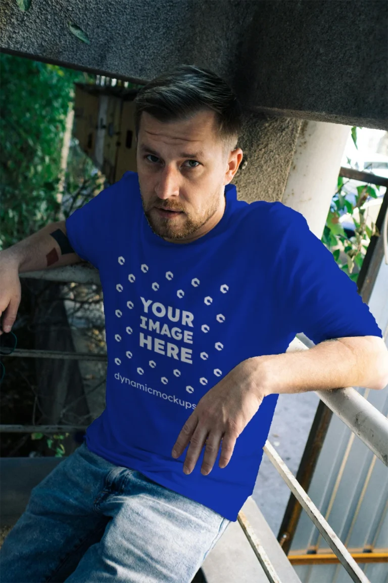 Man Wearing Dark Blue T-shirt Mockup Front View Template