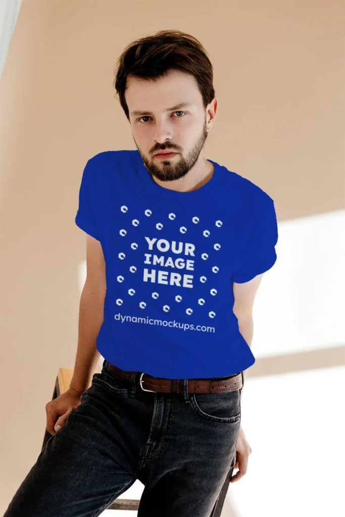 Man Wearing Dark Blue T-shirt Mockup Front View Template