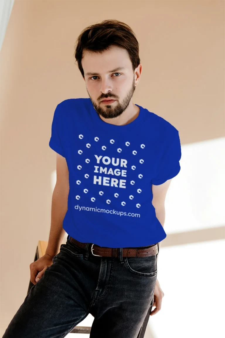 Man Wearing Dark Blue T-shirt Mockup Front View Template