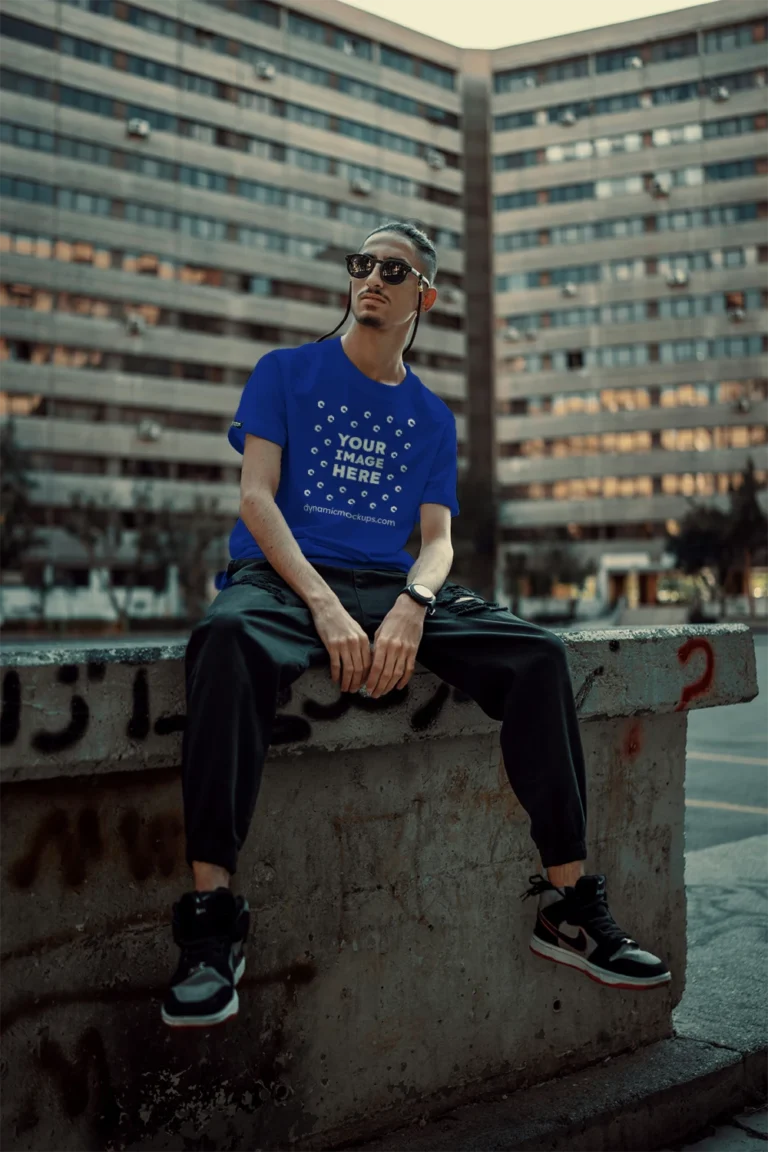 Man Wearing Dark Blue T-shirt Mockup Front View Template