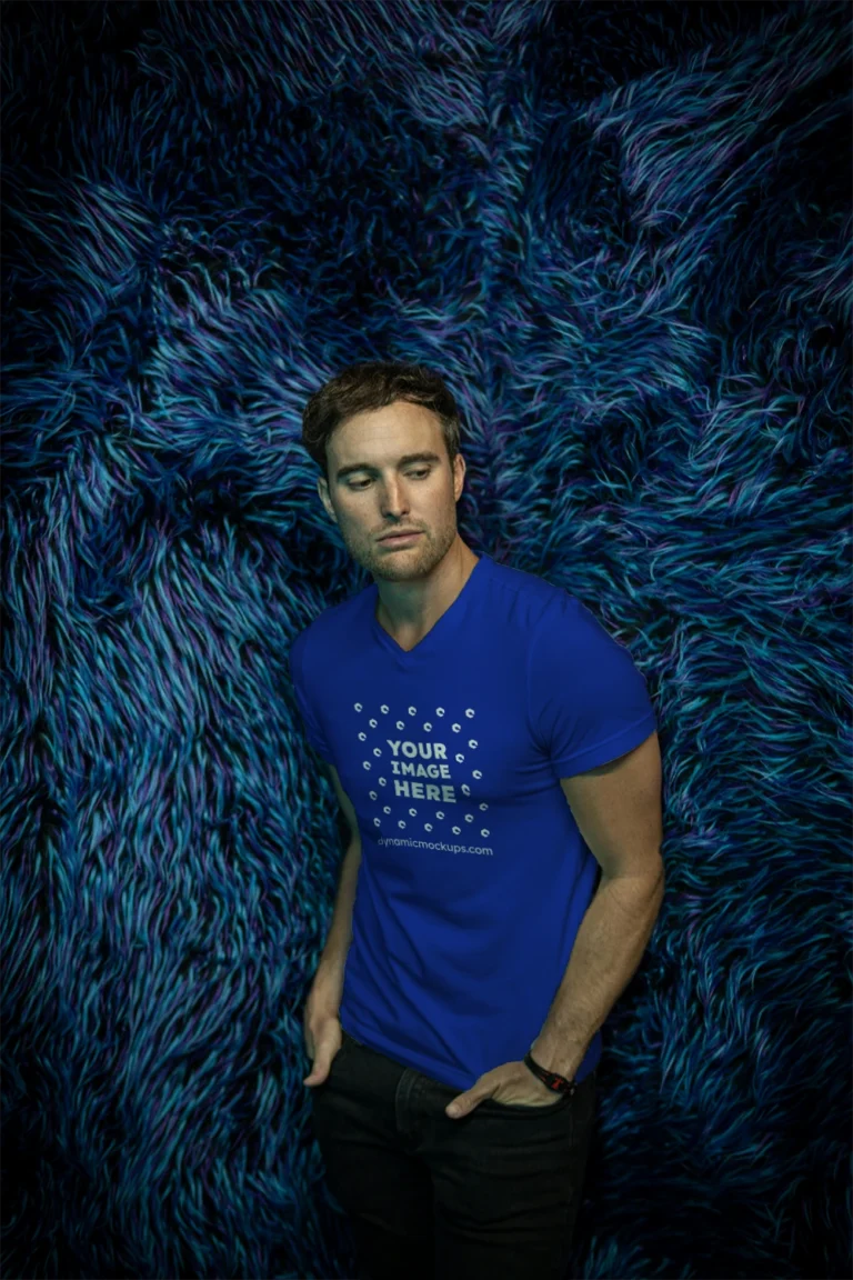 Man Wearing Dark Blue T-shirt Mockup Front View Template