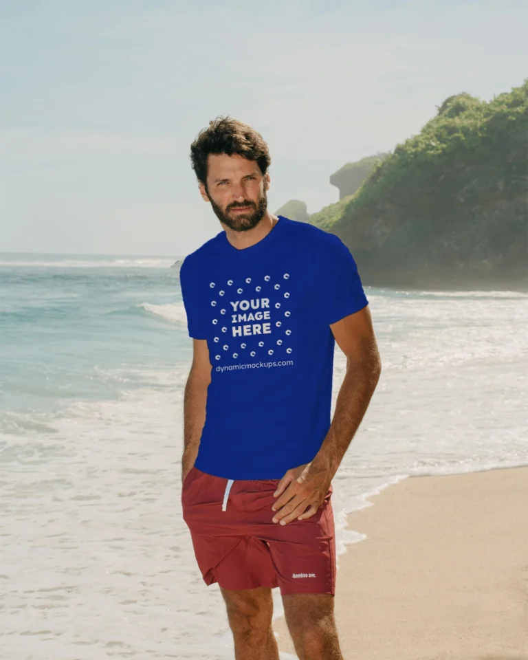 Man Wearing Dark Blue T-shirt Mockup Front View Template