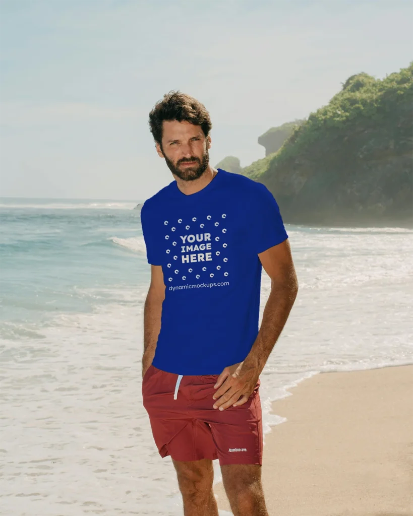 Man Wearing Dark Blue T-shirt Mockup Front View Template