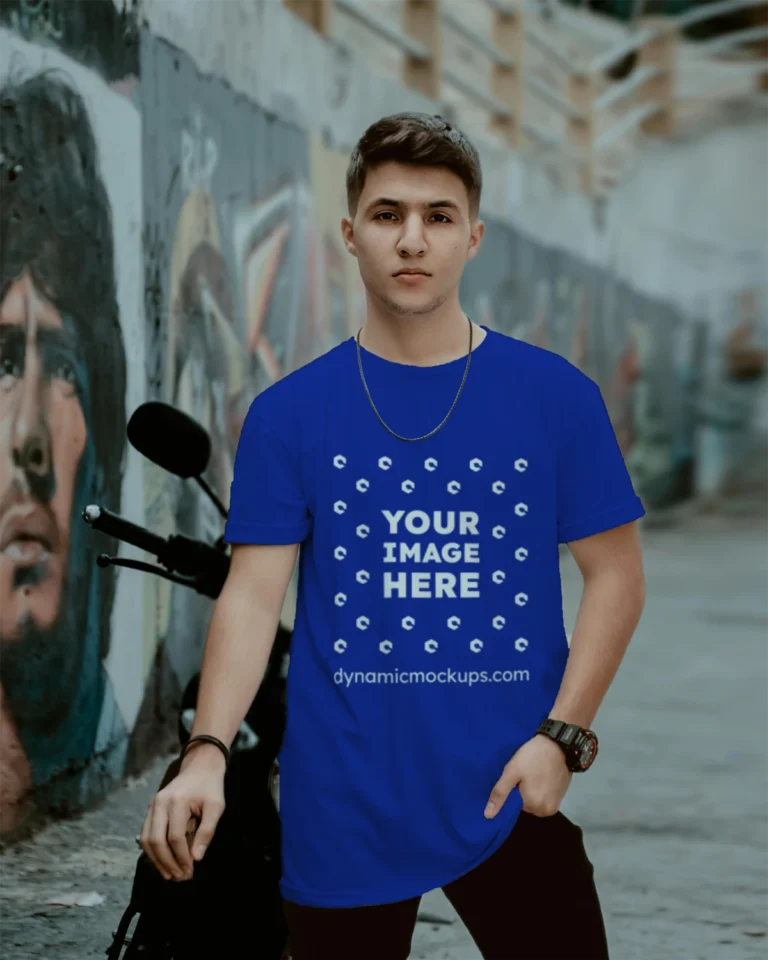 Man Wearing Dark Blue T-shirt Mockup Front View Template