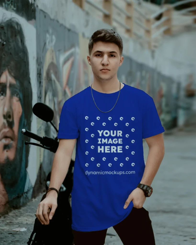 Man Wearing Dark Blue T-shirt Mockup Front View Template