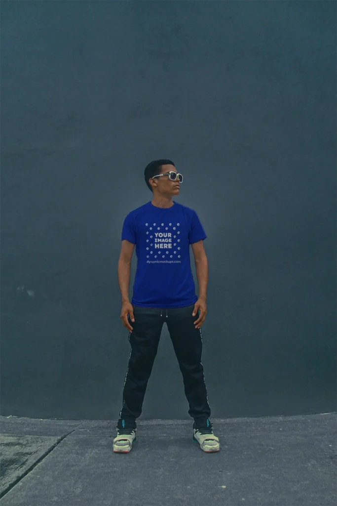 Man Wearing Dark Blue T-shirt Mockup Front View Template