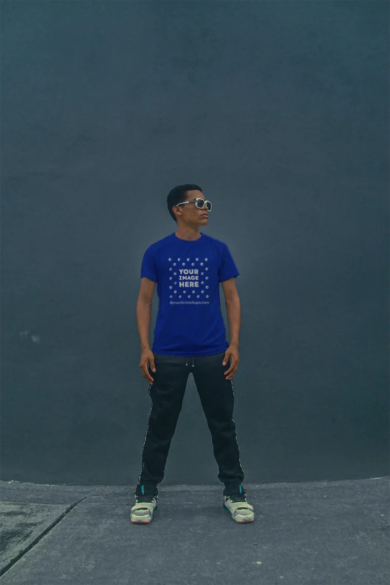 Man Wearing Dark Blue T-shirt Mockup Front View Template