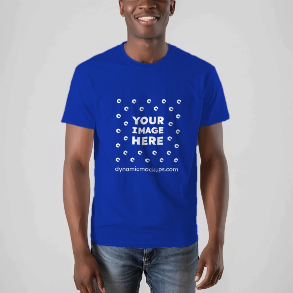 Man Wearing Dark Blue T-shirt Mockup Front View Template