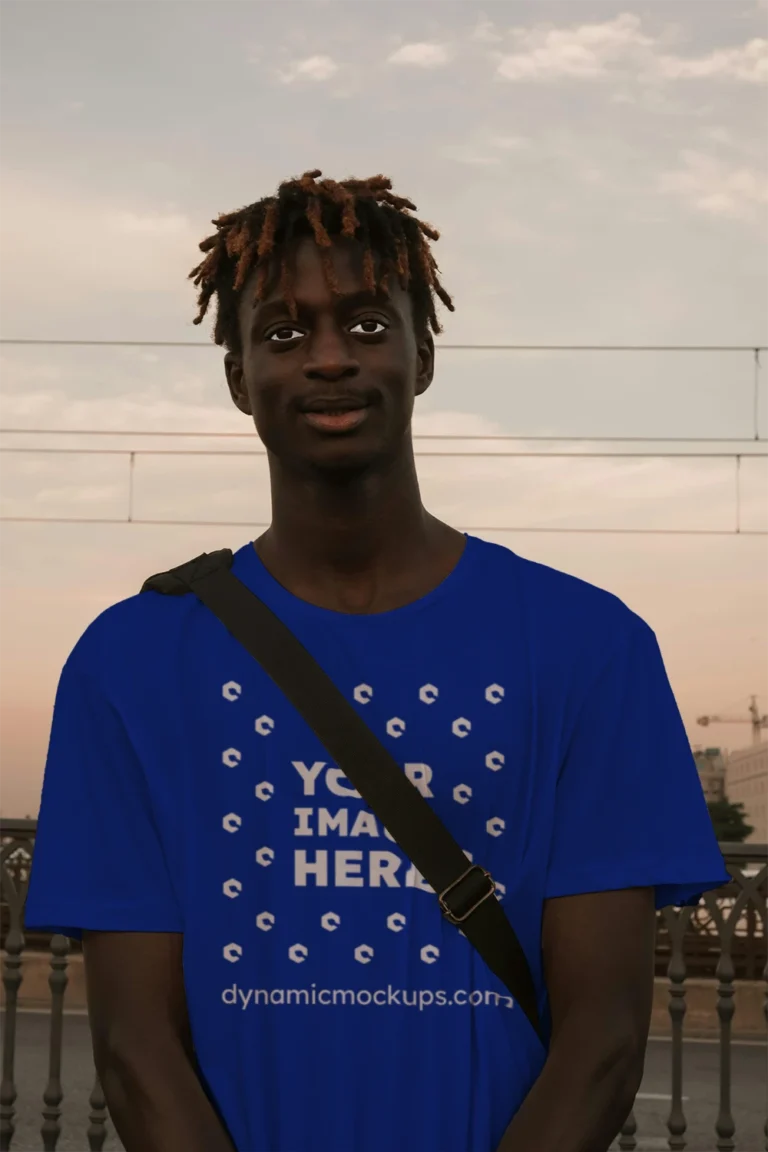 Man Wearing Dark Blue T-shirt Mockup Front View Template