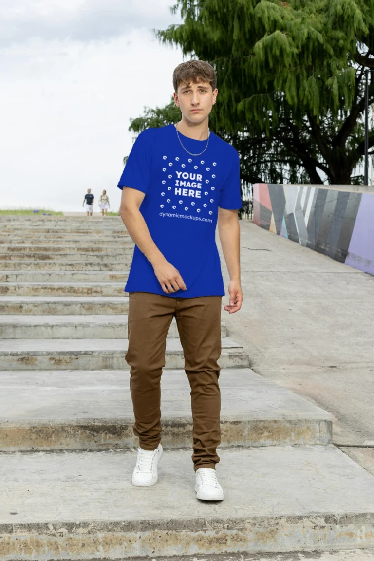Man Wearing Dark Blue T-shirt Mockup Front View Template